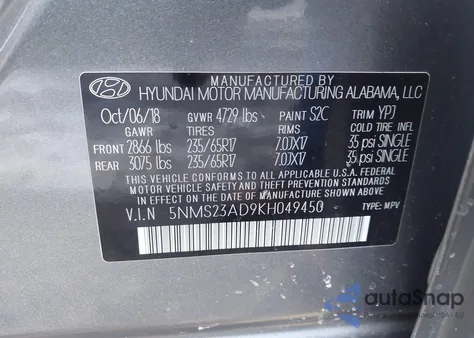 2019 Hyundai Santa Fe Se из США, поврежденный, VIN 5NMS23AD9KH049450